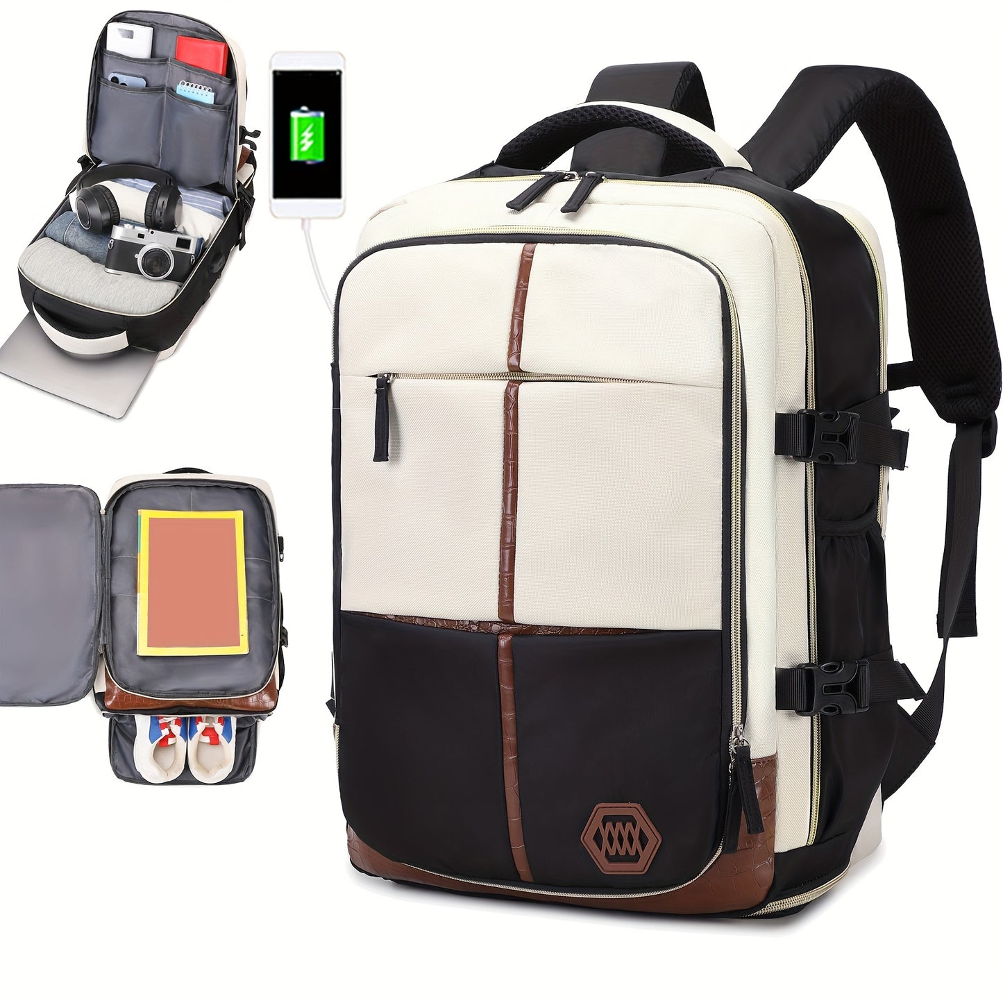 Stylish white and black travel backpack with shoe compartment, USB charging port, and durability for outdoor and school use.