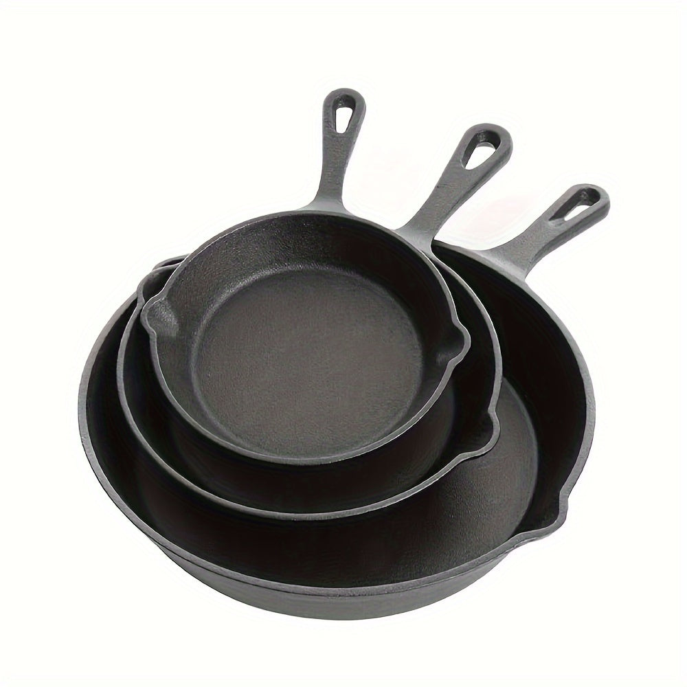 Top-quality Cast Iron Skillet featuring a pre-seasoned, non-stick surface that is ideal for making flawless eggs and pancakes without any smoke. This versatile skillet is suitable for use in the oven and can be used on both electric and gas stoves.