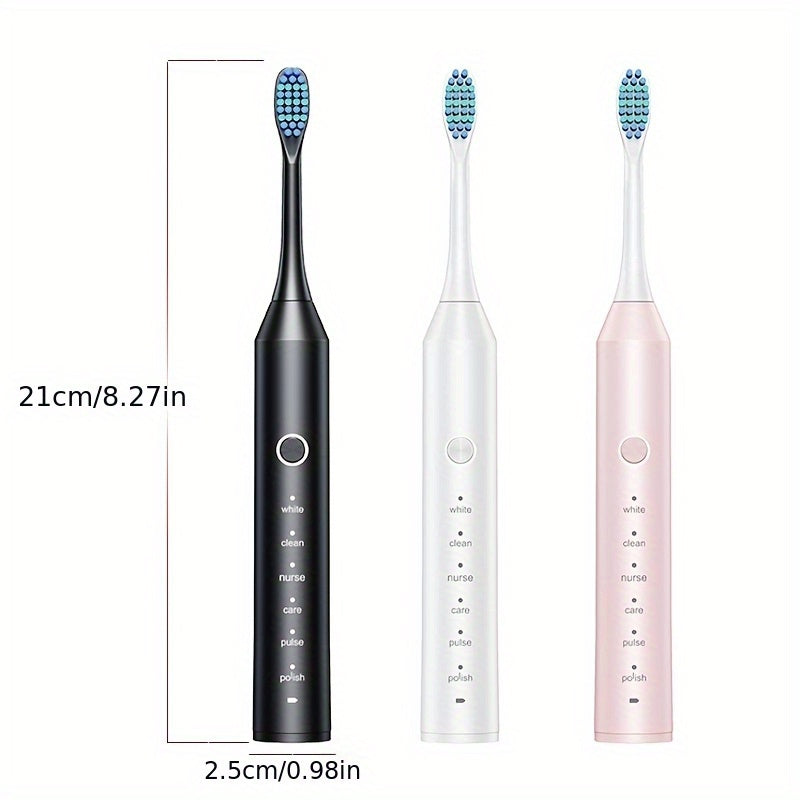 Rechargeable electric toothbrush for adults with 6 modes, USB charging, and soft bristles for deep cleaning dental care.