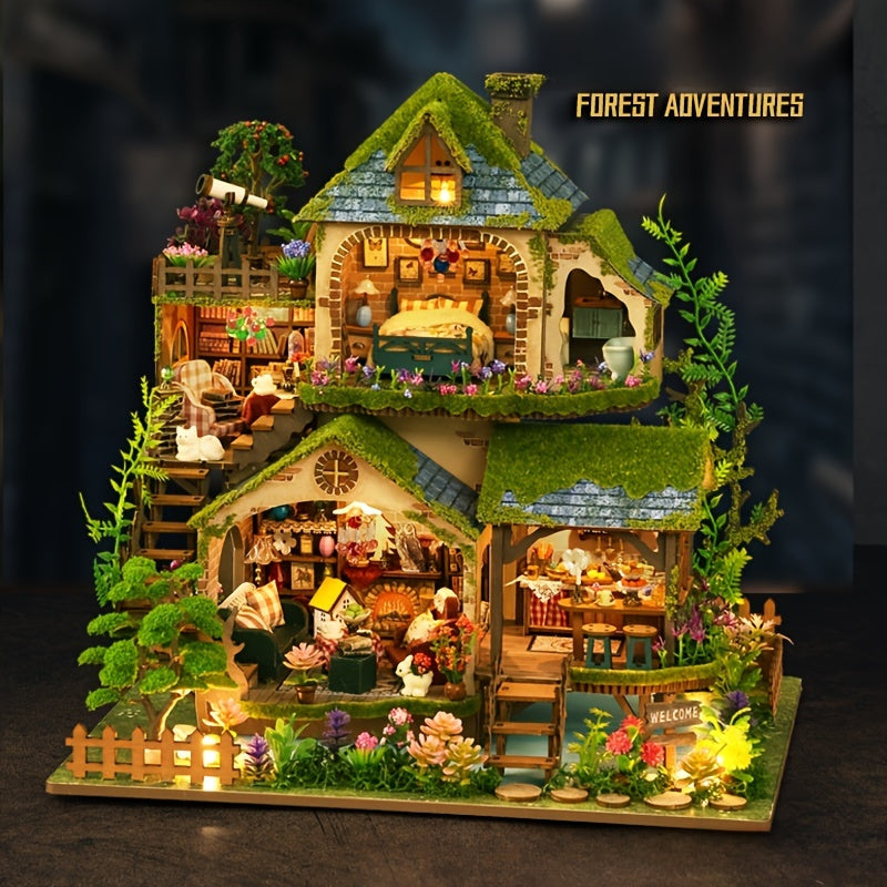 Forest Adventures 3D Wooden Puzzle House Model Kit, Handcrafted Dollhouse with Furniture, Educational, Artisan Craftsmanship, Ideal for Gifts, No Batteries Needed.