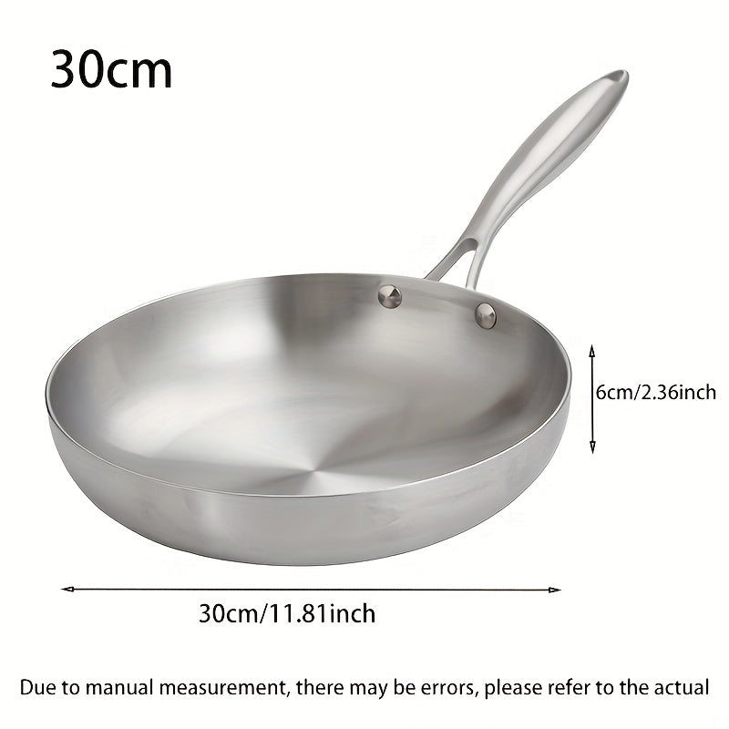 Three sizes of Premium Stainless Steel Frying Pan with Tri-Ply Base for Even Heat Distribution, featuring an Ergonomic Handle and Non-Stick Coating - Suitable for All Stovetops, Easy to Clean.