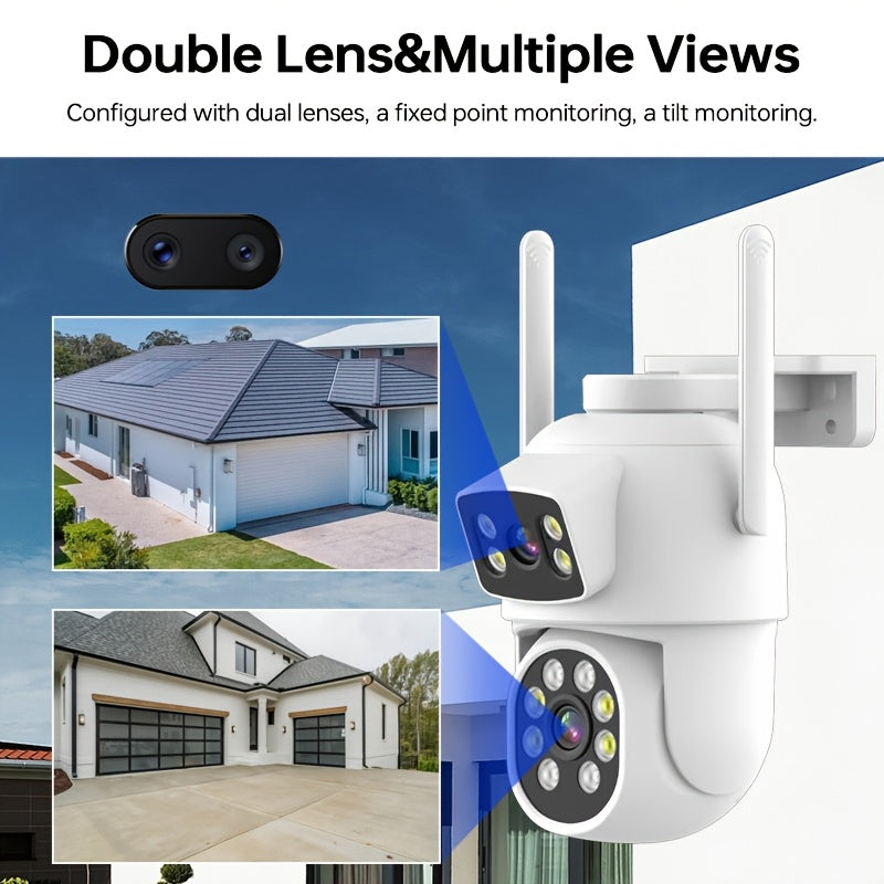 A single unit of a wireless PTZ security camera with dual lenses, featuring a 4MP resolution - 2MP fixed lens and 2MP rotating lens. Offers 1920p resolution and color night vision capabilities, along with two-way audio. IP65 waterproof and made of ABS