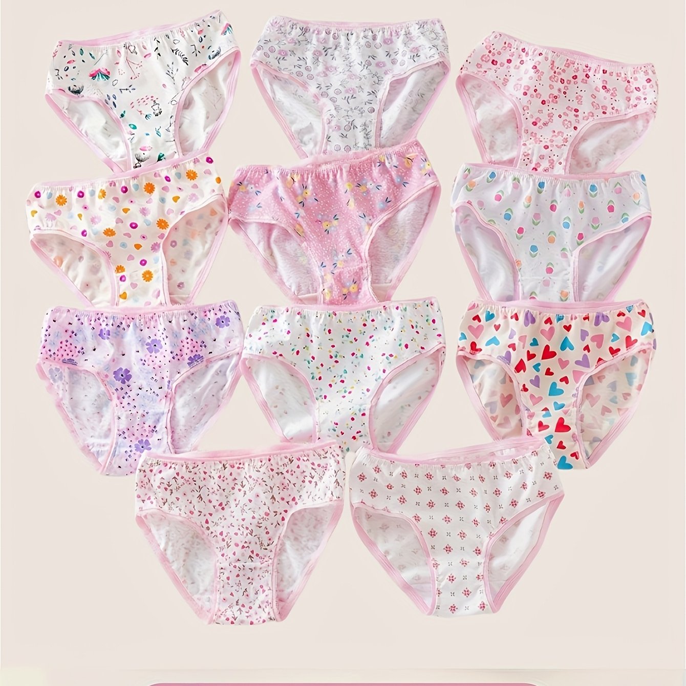 6 pieces of girls' cotton brief panties with floral print in bright pink colors, soft, comfy, breathable lace triangle underpants, perfect gift for daughter or granddaughter.