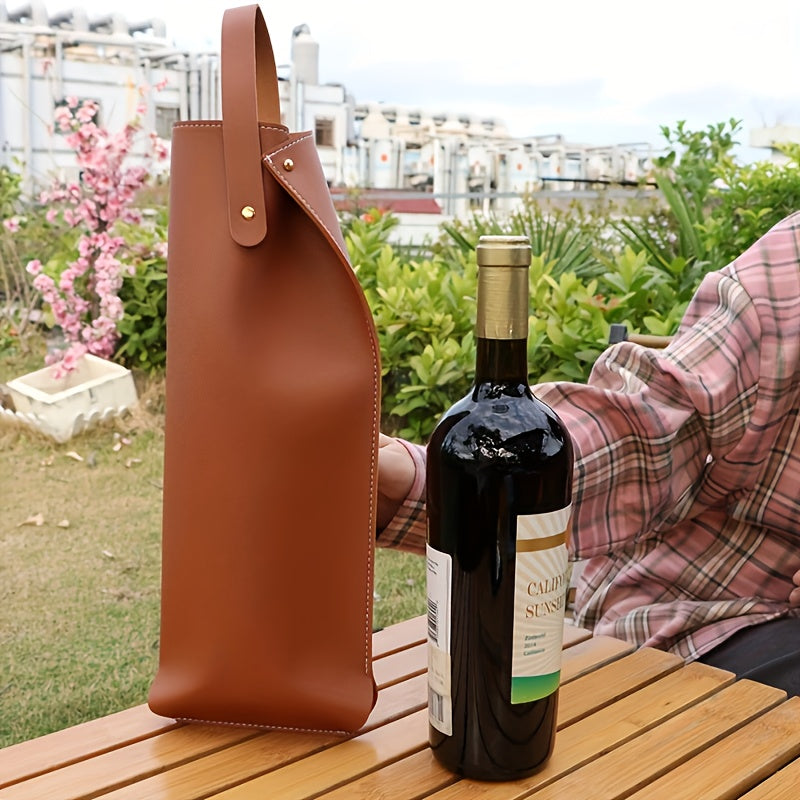 1pc Leather Wine Carrier, Single Bottle Holder with Snap Closure, Elegant Gift for Wine Lovers, Portable and Stylish.