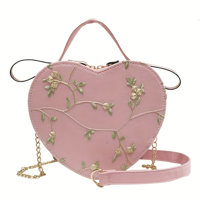 1 Floral Heart Crossbody Bag for Women with Zipper Closure, Pink or Green Embroidered Design, Ideal for Casual Outings & Special Occasions