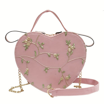 1 Floral Heart Crossbody Bag for Women with Zipper Closure, Pink or Green Embroidered Design, Ideal for Casual Outings & Special Occasions