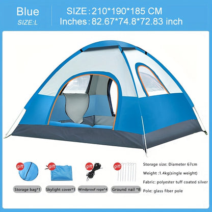 Portable camping tent with sun protection, dual doors, and windows for ventilation, made of durable polyester fabric for family outdoor adventures.