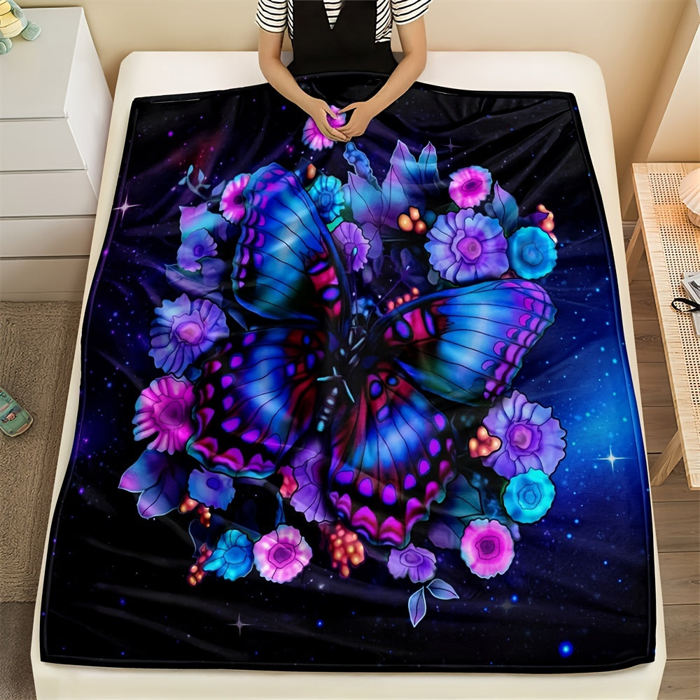 One piece of a purple floral butterfly blanket with digital printing, made from cozy lightweight flannel material perfect for sofa, bed, travel, and camping. This fleece throw blanket is ideal for living rooms, offices, couches, chairs, and beds.