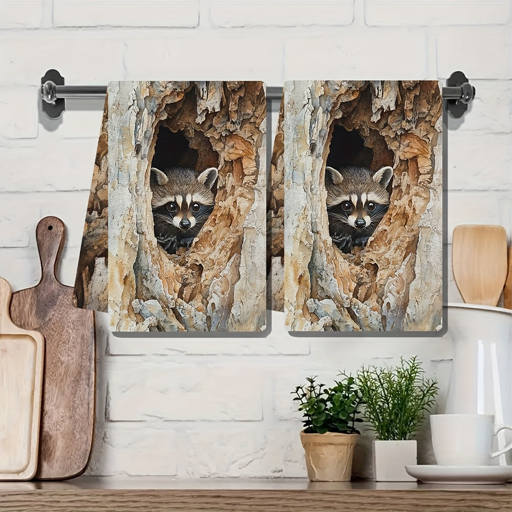 Ideal for both holiday decor and everyday use, these 2 pieces of ultra soft kitchen towels feature a cute raccoon peeking design. They are highly absorbent, machine washable dish hand towels that measure 40.64x60.96 cm.