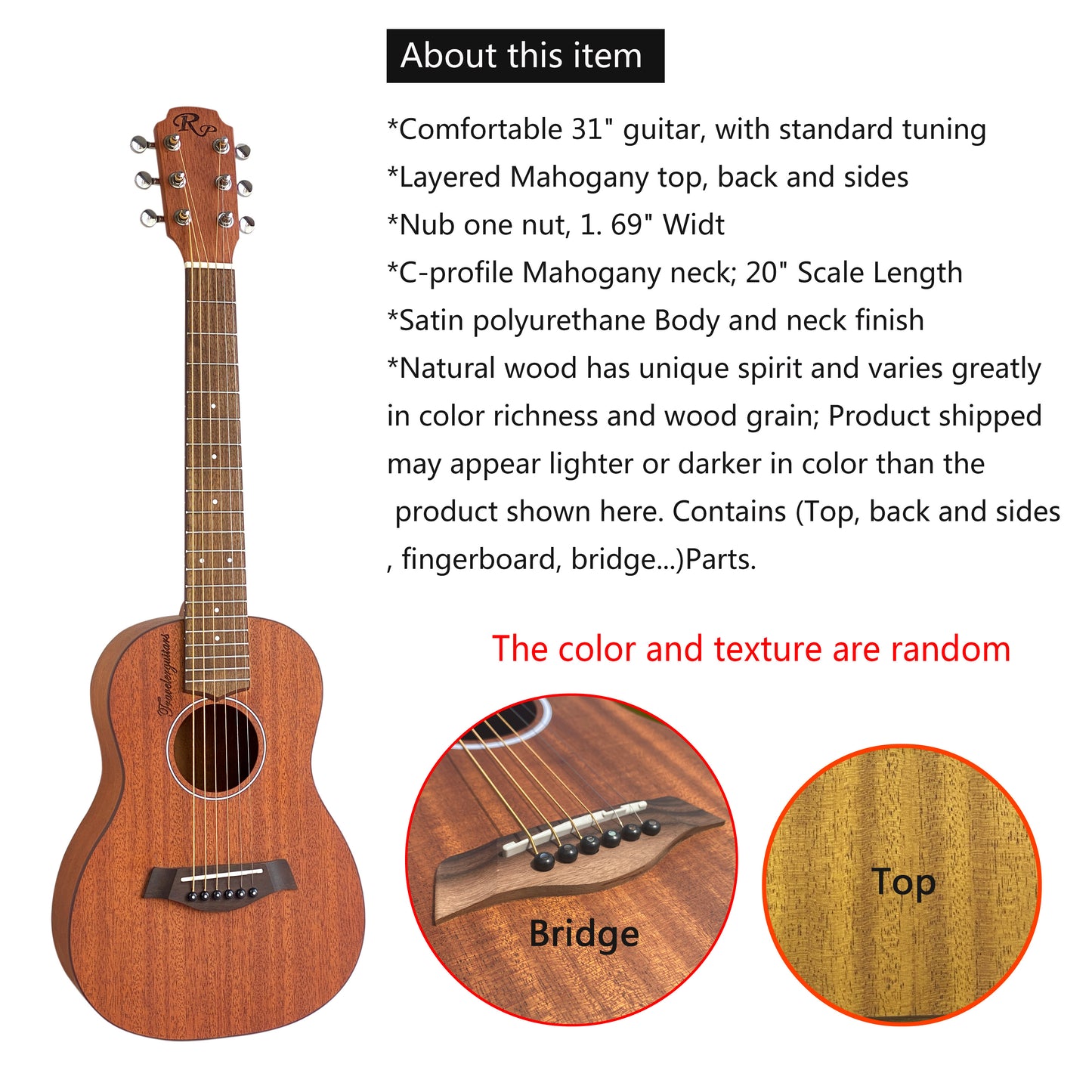 RP TG100 Compact 76.2cm Acoustic Travel Guitar - Ideal for Family Gatherings & Beginners, Rosewood Neck, Sapele Back & Sides, Bone Nut