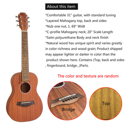 RP TG100 Compact 76.2cm Acoustic Travel Guitar - Ideal for Family Gatherings & Beginners, Rosewood Neck, Sapele Back & Sides, Bone Nut