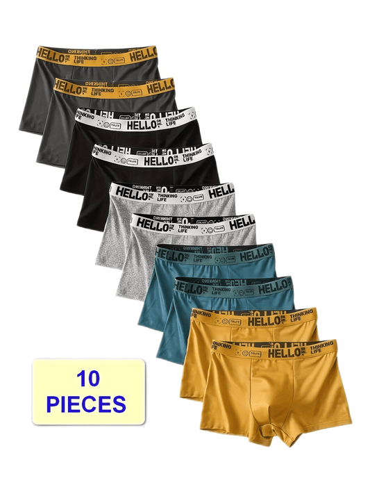 10-Pack men's boxer briefs with fashionable design, breathable polyester and spandex fabric, medium stretch.