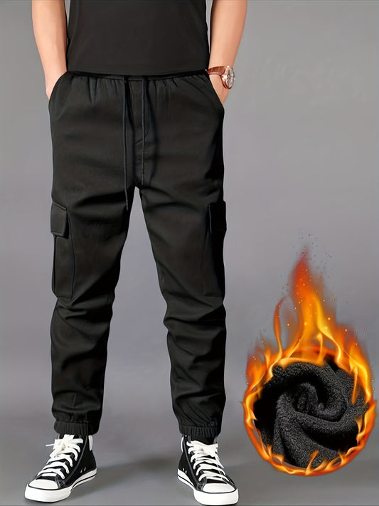 Men's winter cargo pants with solid color and non-stretch fabric, regular fit with drawstring, fleece-lined for warmth, available in plus size.