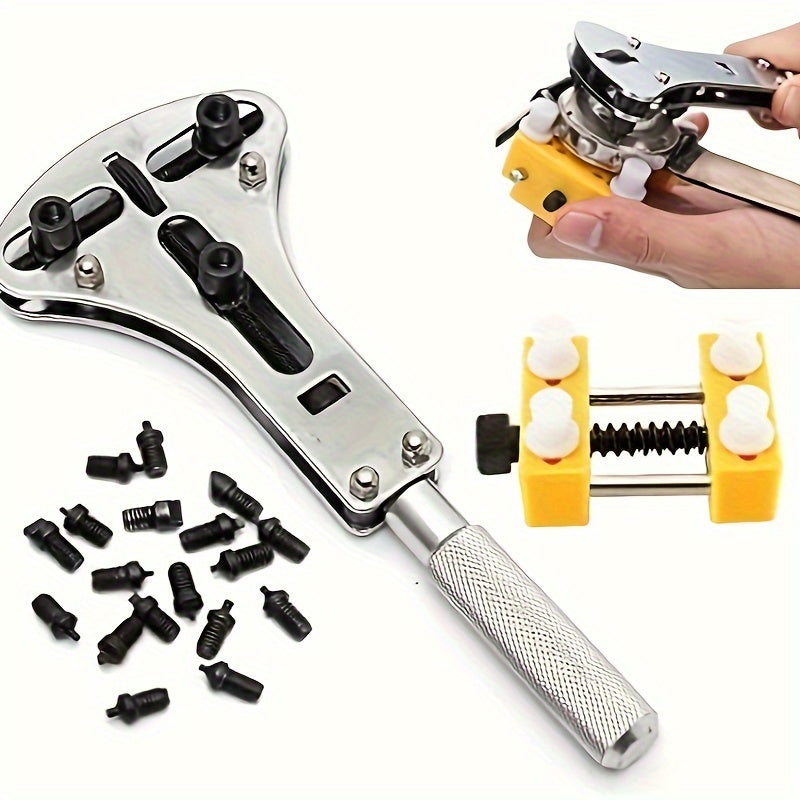 Professional Watch Repair Tool Kit, including a Watch Cover Wrench Opener, 3-point Wrench Screwdriver Box Disassembly Tool, and an 18-bit Adjustable Watch Back Cover Opener. This Waterproof tool is perfect for Watch Battery Replacement and other Watch