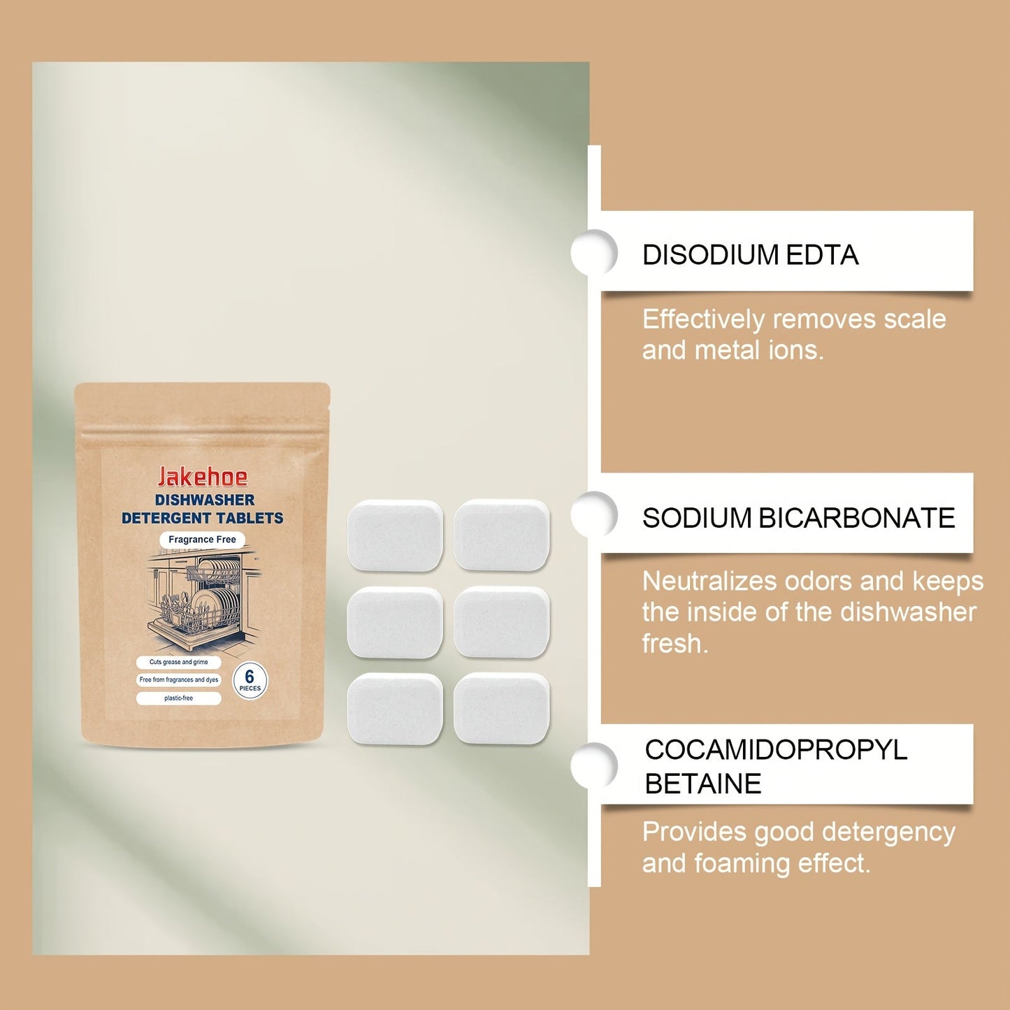 The Jakehoe 6-Count Dishwasher Detergent Tablets are formulated with sodium bicarbonate for safe cleaning of metal surfaces. These tablets provide residue-free cleaning and efficient stain removal while also acting as an odor eliminator. With a capacity