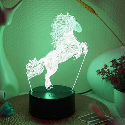 The 1pc Plug-in 3D Night Light is a creative jumping horse decoration for desks or bedrooms.