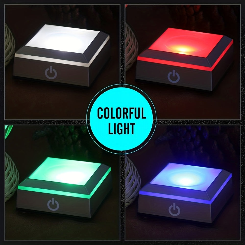 USB rechargeable LED light base for 3D crystals, touch-sensitive color-changing display, compatible with glass, acrylic, and translucent materials, includes power cable. 6.81x6.81x2.87 cm.