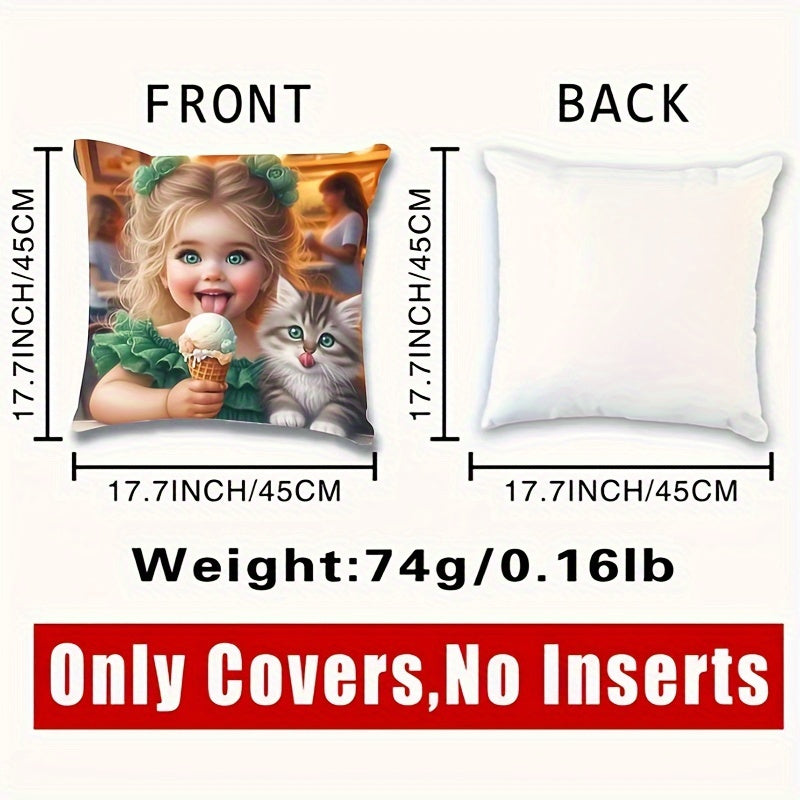 French Style Girl & Kitten Print short plush pillowcase, 44.96cm x 44.96cm, polyester knit, zippered, machine washable. Ideal for home decor.