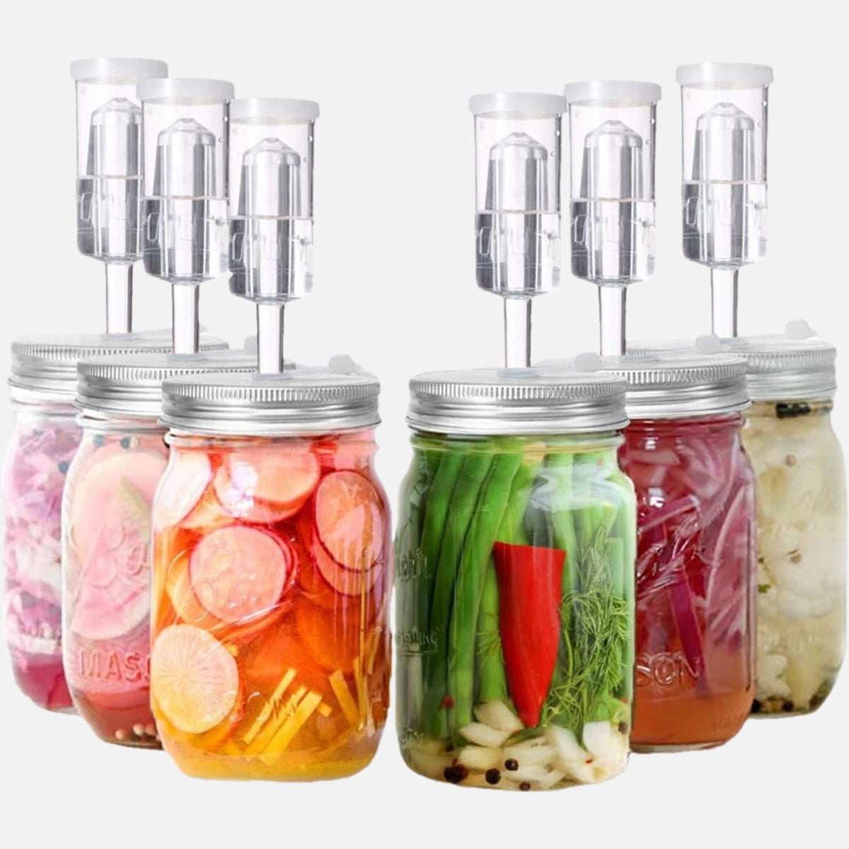 Set of 4 fermentation lids designed for wide mouth jars, including 4 stainless steel fermenting lids, 4 silicone grommets, 4 airlocks, and 4 silicone rings. Jars not included.