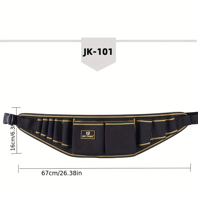 Multifunctional tool waist bag made of waterproof Oxford cloth, with a buckle closure and convenient hook and loop tape for easy access.