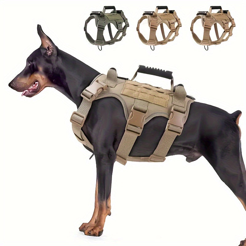 Tactical dog harness with handle and reflective vest, adjustable for no-pull training.