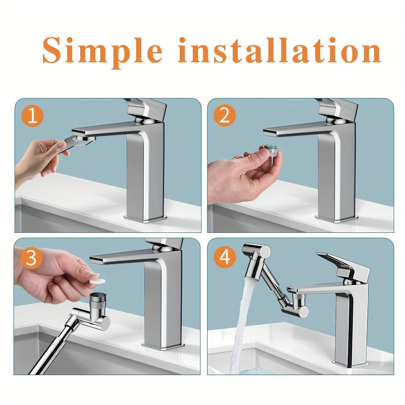 Universal rotating faucet made of 304 stainless steel with a 360° rotation tap, two water adjustment modes, splash-proof, and comes with two 60cm explosion-proof inlet hoses.