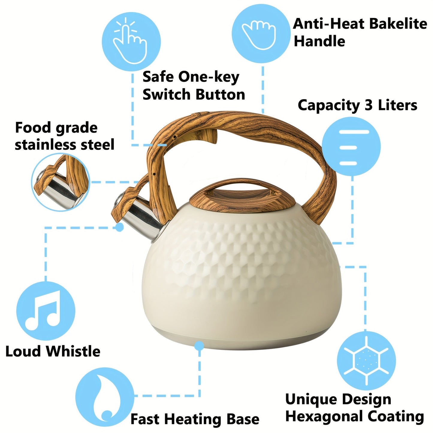 Stainless Steel Tea Kettle by DOTOCOOK featuring a Wooden Handle - Boasts Loud Whistling, Food-Grade Materials, Suitable for Induction & Stovetop Use, Elegant Diamond Design