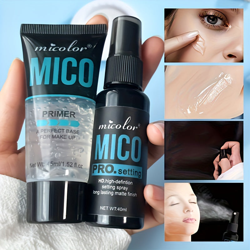 MICOLOR 2pcs Makeup Primer and Setting Spray Duo, Hydrating Formula, Fair Tone, Less than 1 Fl Oz Each