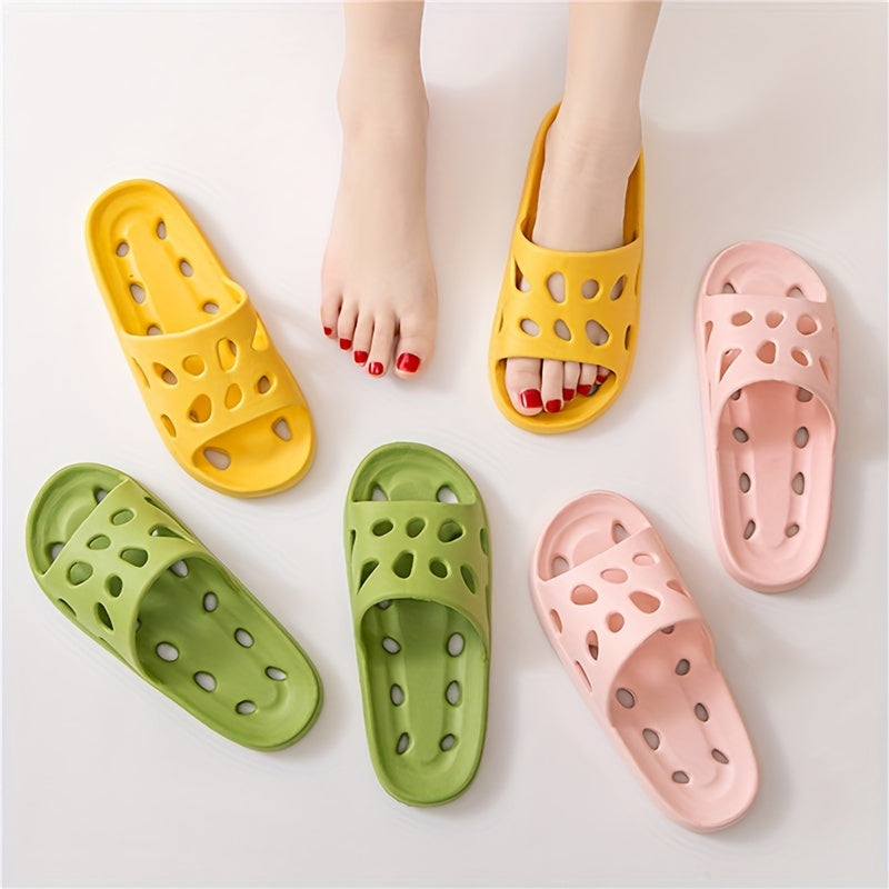 1 Pair of EVA Slippers with Solid Color Hollow-Out Design, Non-Slip Sole, Drainage Holes, and Soft Shower Slides.