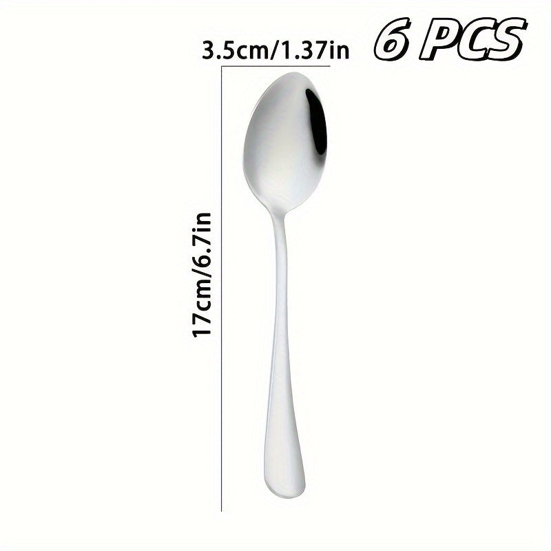 Set of 6 stainless steel spoons in various sizes for serving soup, coffee, and dinner in the kitchen and dining room.