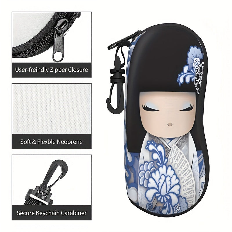 Stylish Crimson Sakura Kokeshi Doll Pattern Glasses Holder - Compact Zippered Glasses Pouch for Fashionable Travelers, Made of Tough Synthetic Rubber, Suitable for Men and Women