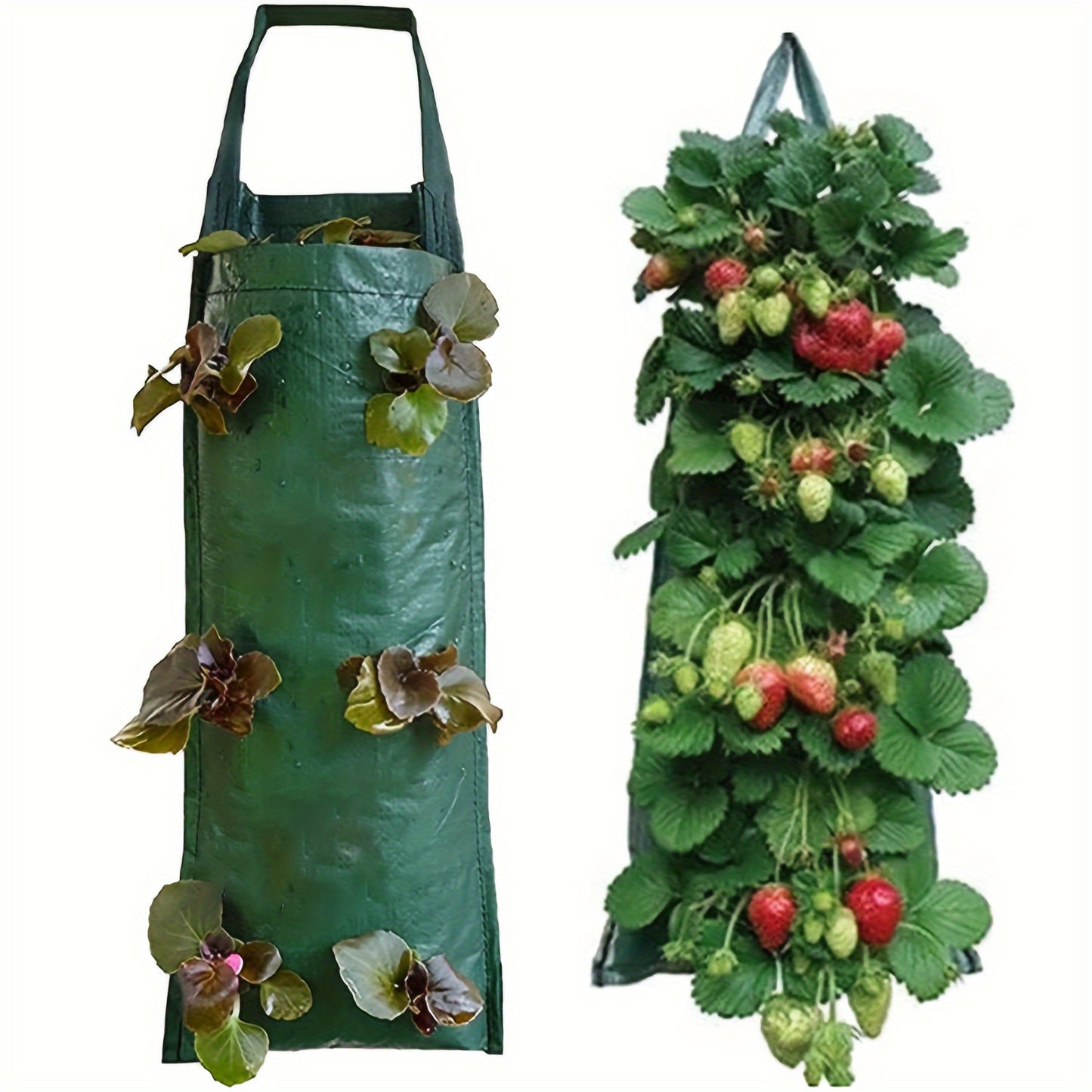 1 Pack, Vertical Hanging Strawberry Planter Bag with Multiple Pockets for various plants, made of durable non-woven material in green color, measuring 59.94cm in length and with drainage