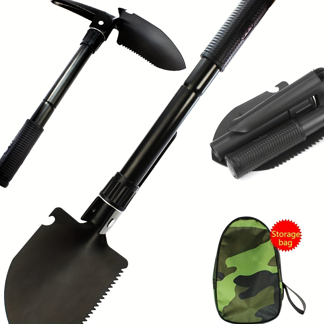 Stainless steel folding shovel with saw, pickaxe, bottle opener, and storage bag for camping and outdoor survival.