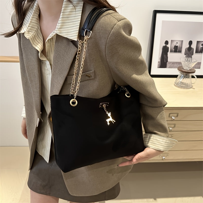 Women's casual synthetic leather handbag with deer pendant, monochrome, lightweight, large capacity, simple design, daily shoulder bag, fixed shoulder strap, magnetic buckle, polyester