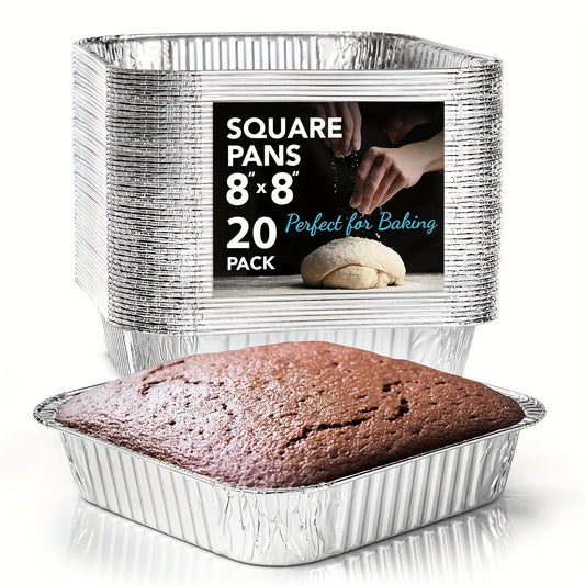 20-Pack of durable square aluminum foil pans- each measuring 20.32 cm in size. These lead-free disposable baking pans are perfect for cooking, food prep, and storage. Their multi-compartment design makes them ideal for a variety of dishes. They are safe