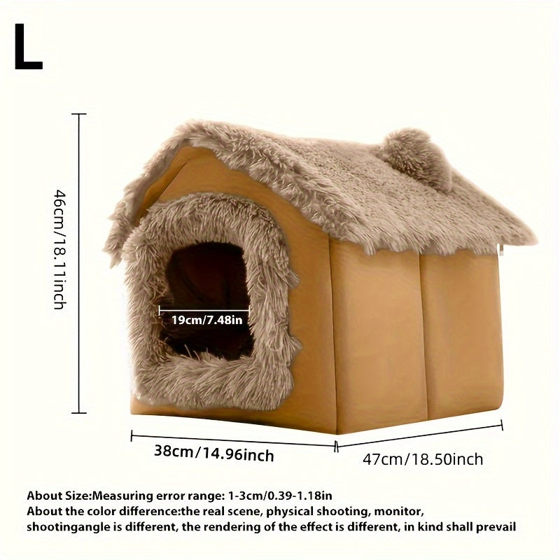 Plush pet bed for cats and dogs with removable non-slip bottom, suitable for four-season use in a semi-enclosed design.