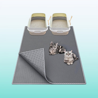 Large cat litter mat made of EVA material prevents spills and leaks, containing litter. Non-slip, washable, waterproof, and odor-resistant. Ideal for litter boxes and protecting pet items.