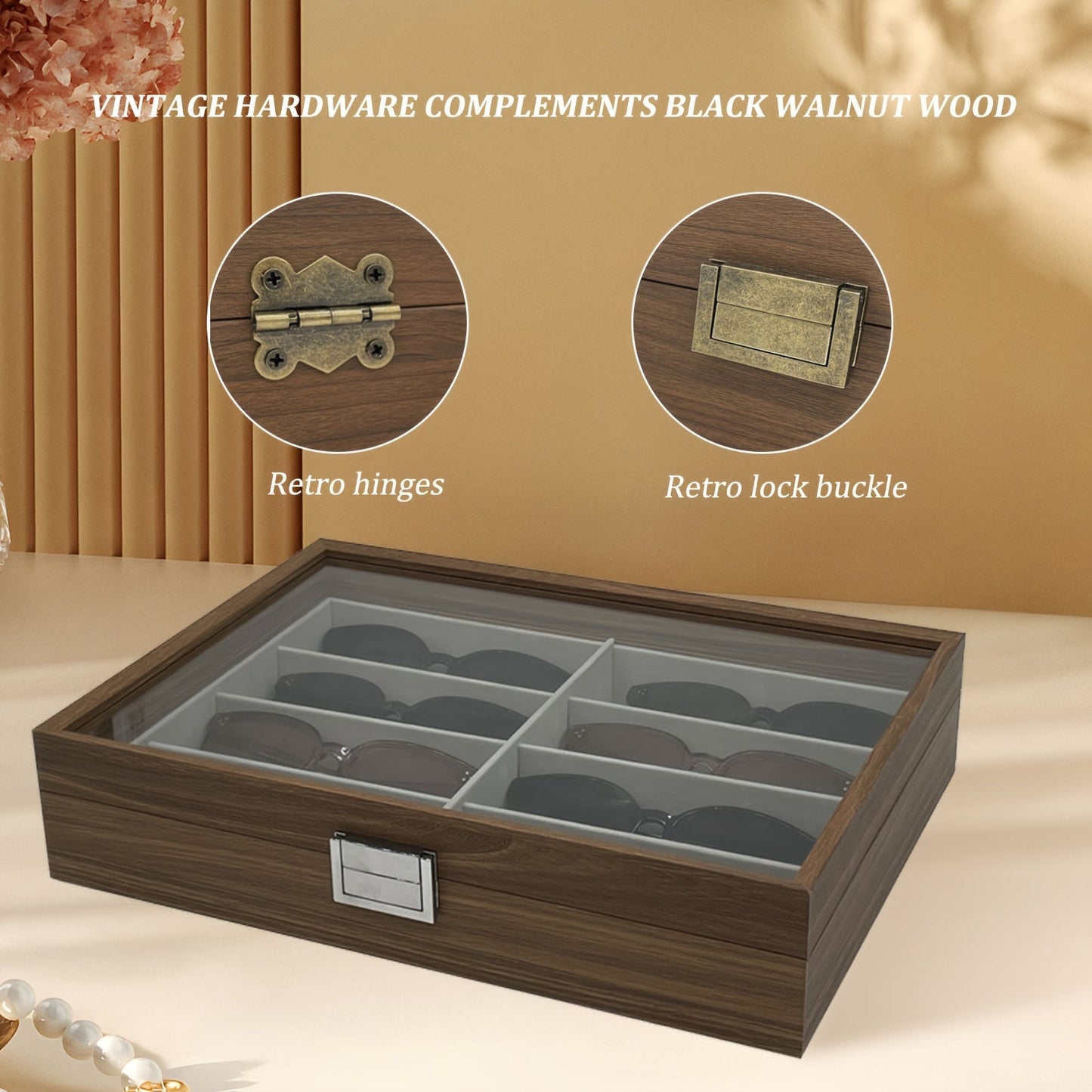 Elegant Black Walnut Wood Organizer for 8 Fashion Glasses - Stylish Eyewear Display Case for Women with Durable Shell