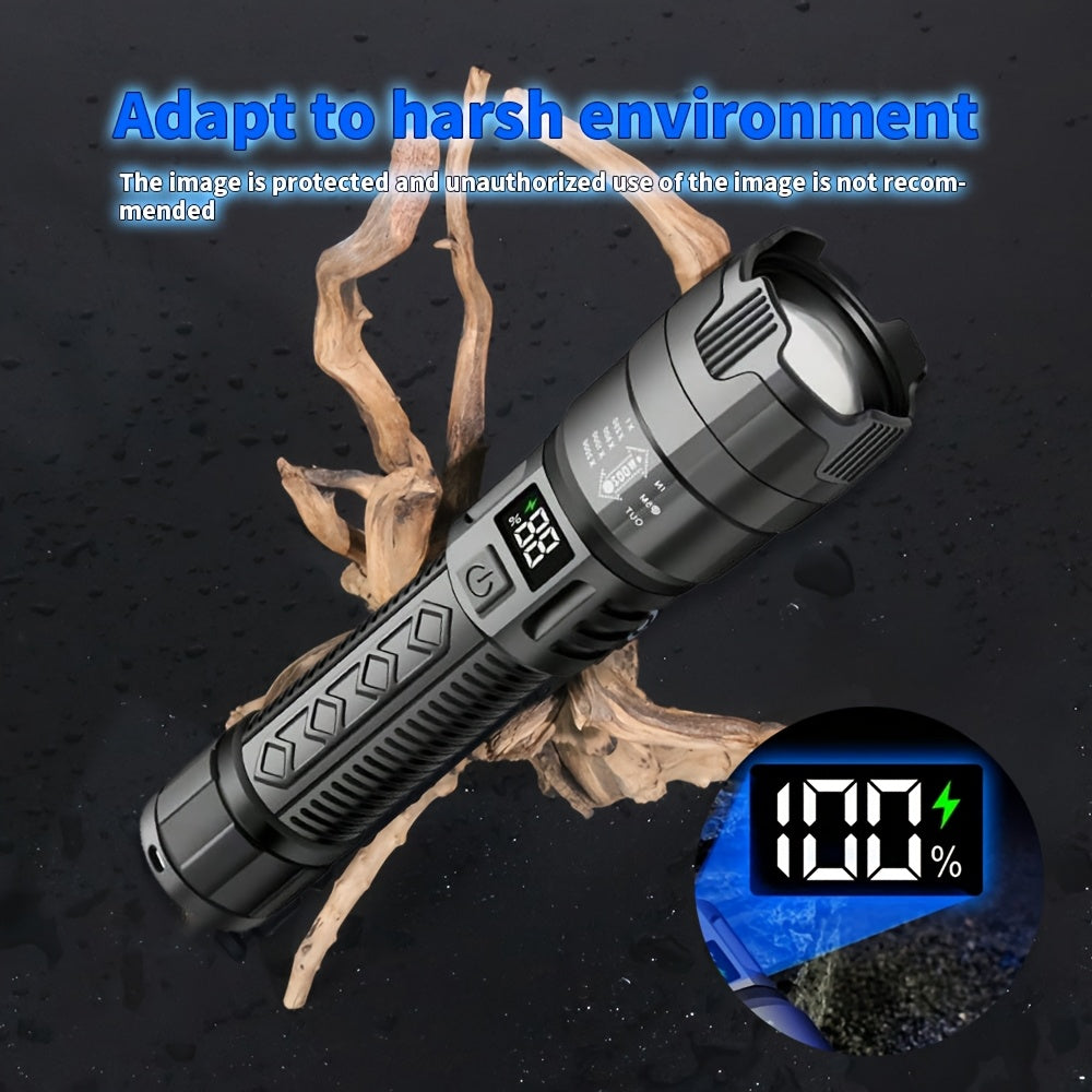 800mAh rechargeable P50 LED flashlight with zoom, USB charging, and polished metal finish - ideal for night activities like walks, fishing, and camping.