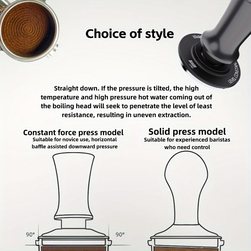 Coffee press kit with 51mm, 53mm, 54mm, and 58mm options for a consistent level of coffee extraction. Includes an elastic coffee press, coffee press hammer, and coffee tool.