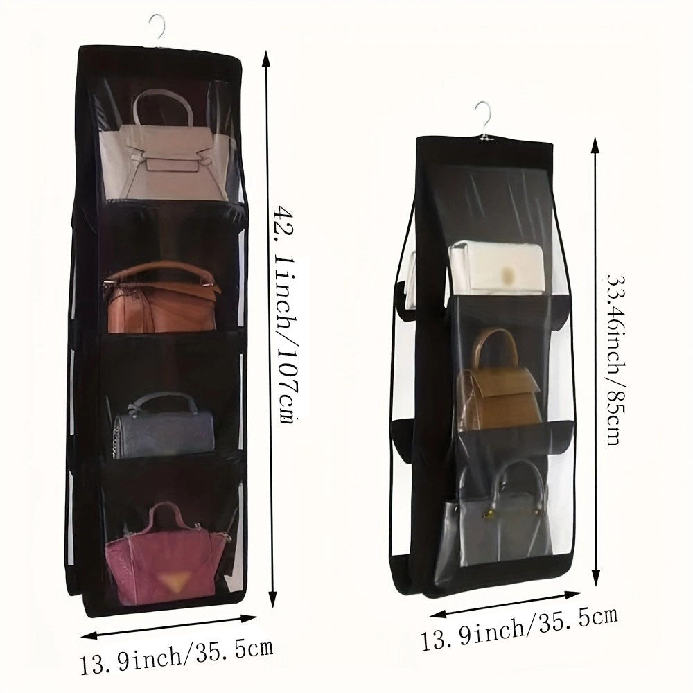 Elegant fabric wall hanging closet organizer with secure pockets in black & dark grey.