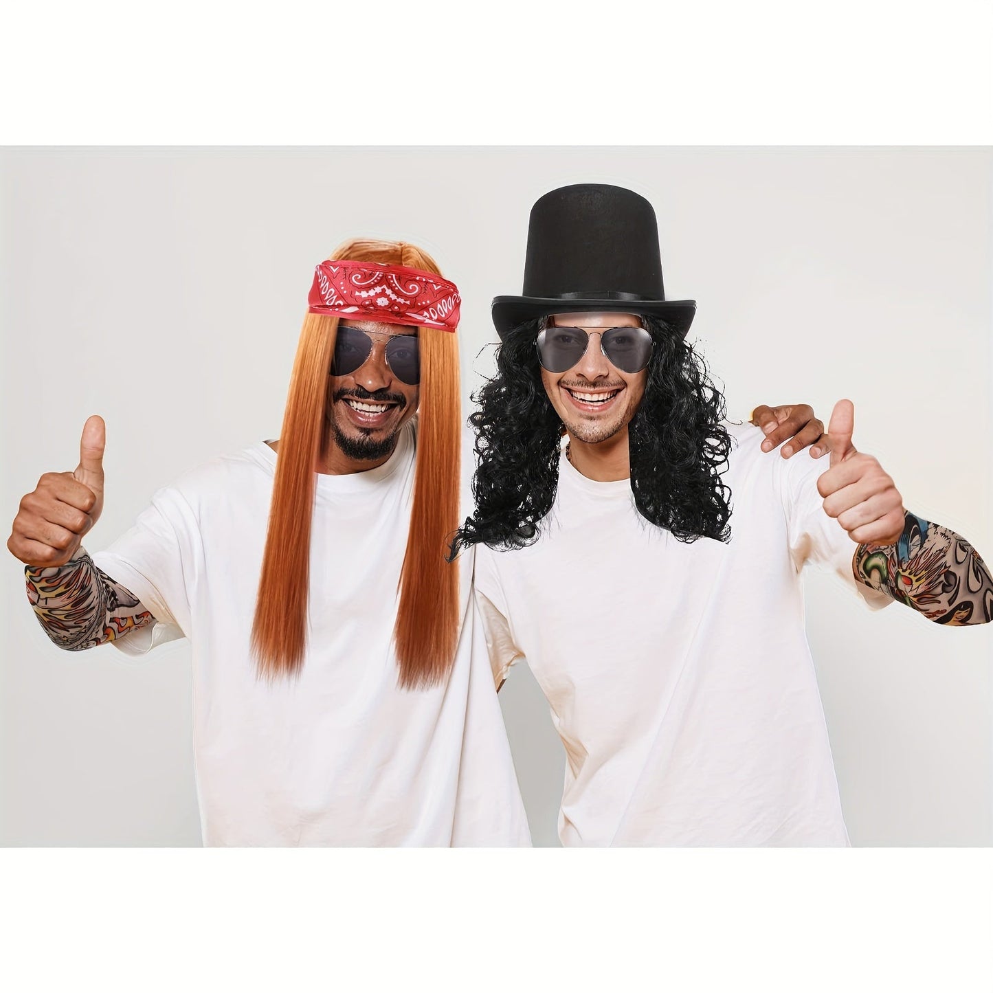 Get ready to rock with this Retro Rocker Costume Set, perfect for both men and women! This set includes 7 pieces that will transform you into a 70s/80s heavy metal hippie. Complete with a wig, bandana, fashion glasses, punk gloves, and tattoo sleeves