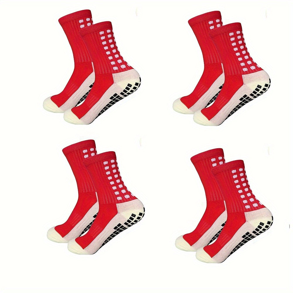 4 pairs of men's football socks made of knit polyester with terry bottom. Features include anti-smell, anti-slip, and wear-resistant properties. Machine washable and composed of 20% Spandex