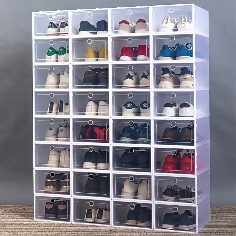 12 clear shoe boxes with hinged lids, collapsible storage containers, drawer-style clear shoe organizer, plastic shoe holder, multi-tier space-saving storage system.