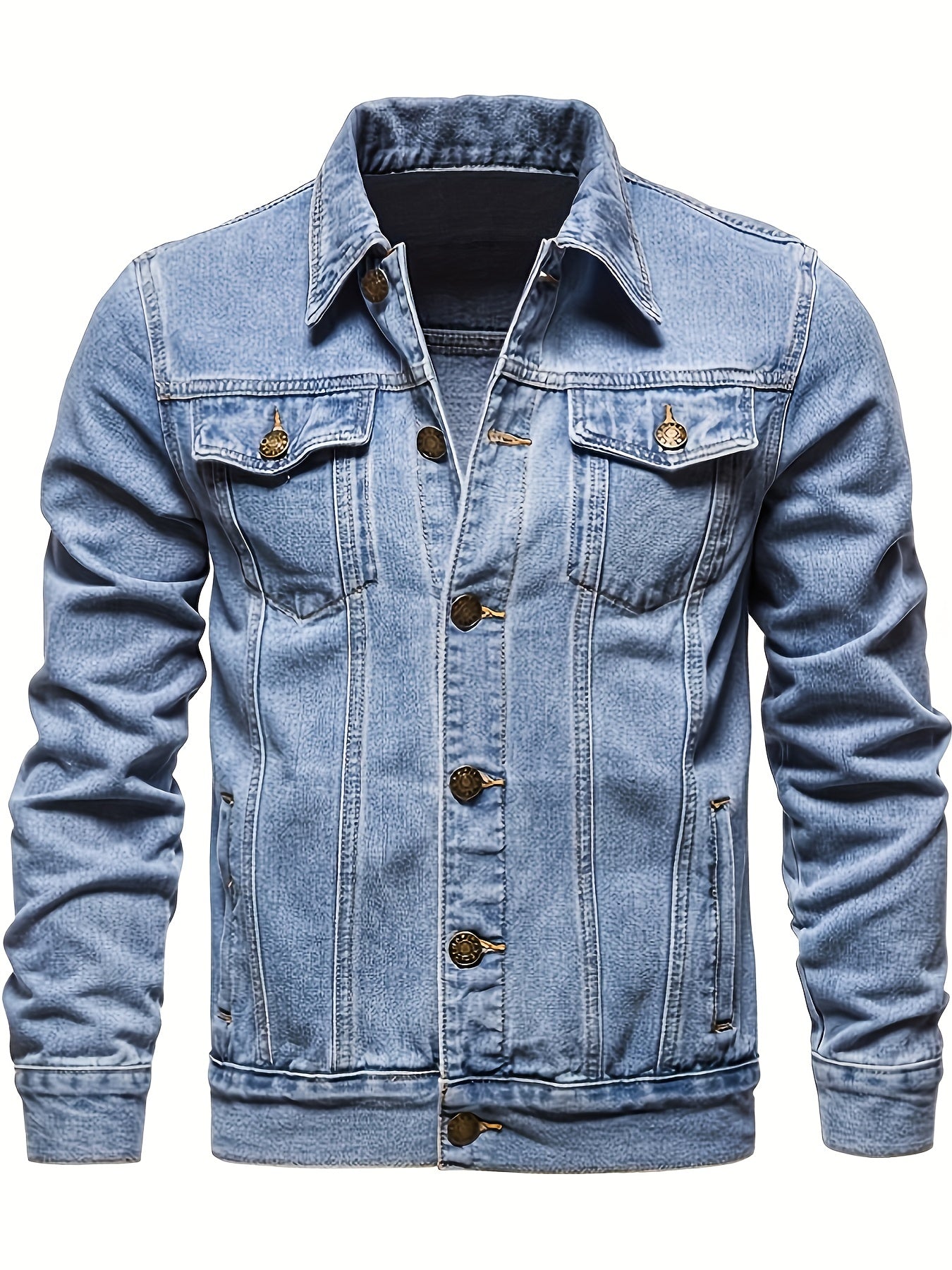 Men's casual street style denim jacket with multiple pockets.