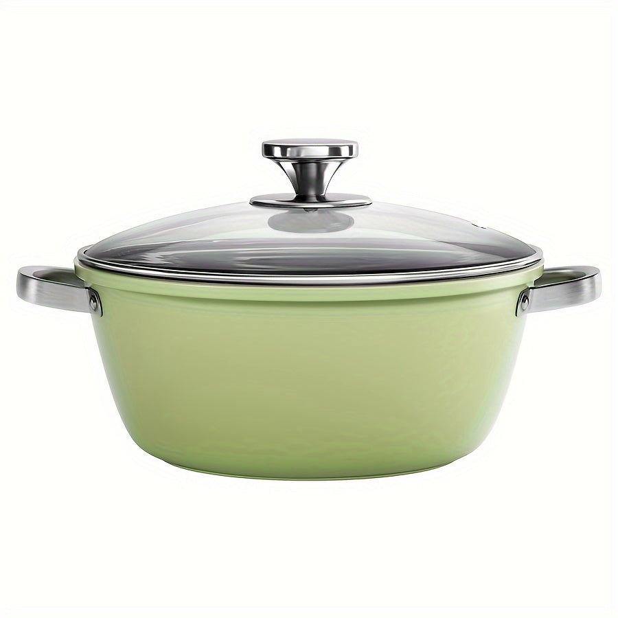 Hand wash only, this cast iron skillet comes with a lid. The ceramic avocado green soup pot is dual-sided, suitable for both gas and induction stovetops, and features cast iron handles.