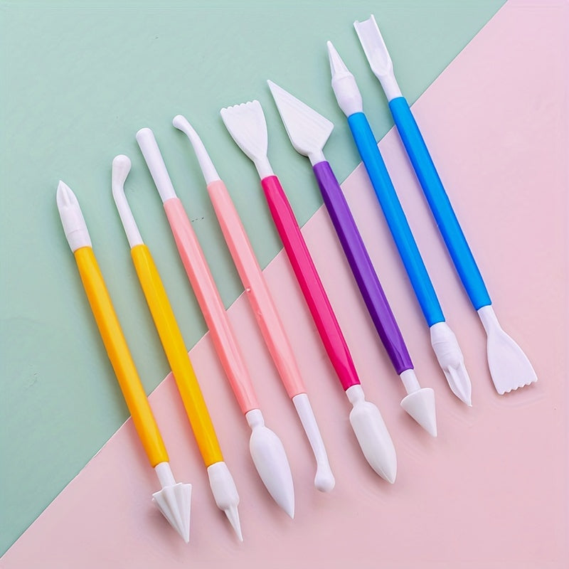 Set of 8 fondant cake decorating tools with 16 patterns for carving flowers, crafting clay, modeling, and baking accessories.