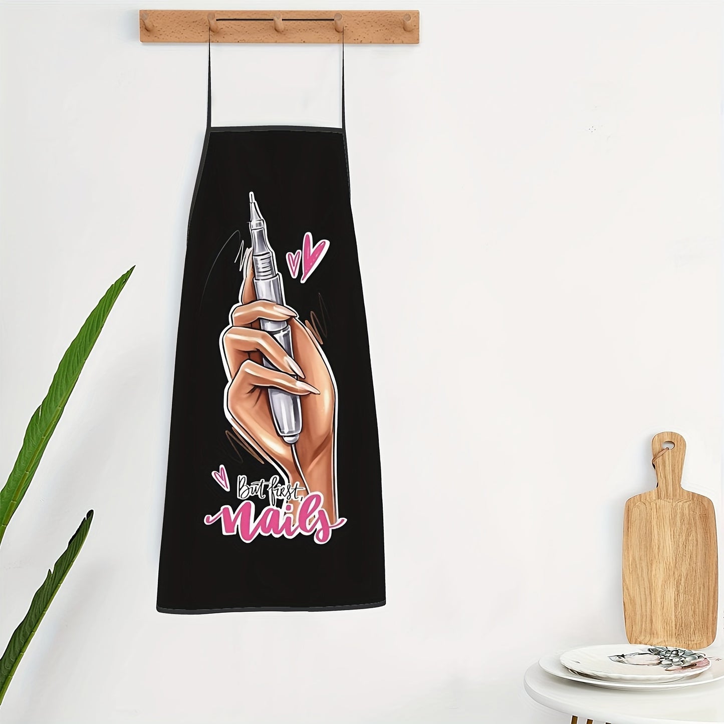 Durable 100% polyester apron for nail art design, cooking, gardening, and more, with adjustable neck band.