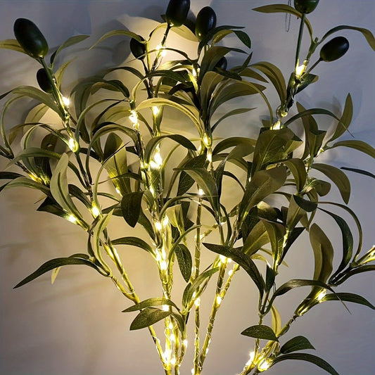 LED faux olive branch tree light with metallic wire, battery-powered decorative lamp for home, switch control, multi-color, ideal for birthdays and holiday decor.