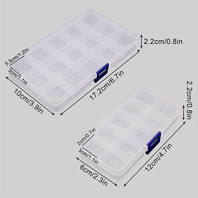 4 transparent plastic containers with 10 or 15 compartments each for storing beads, jewelry, small parts, and rings while on the go.